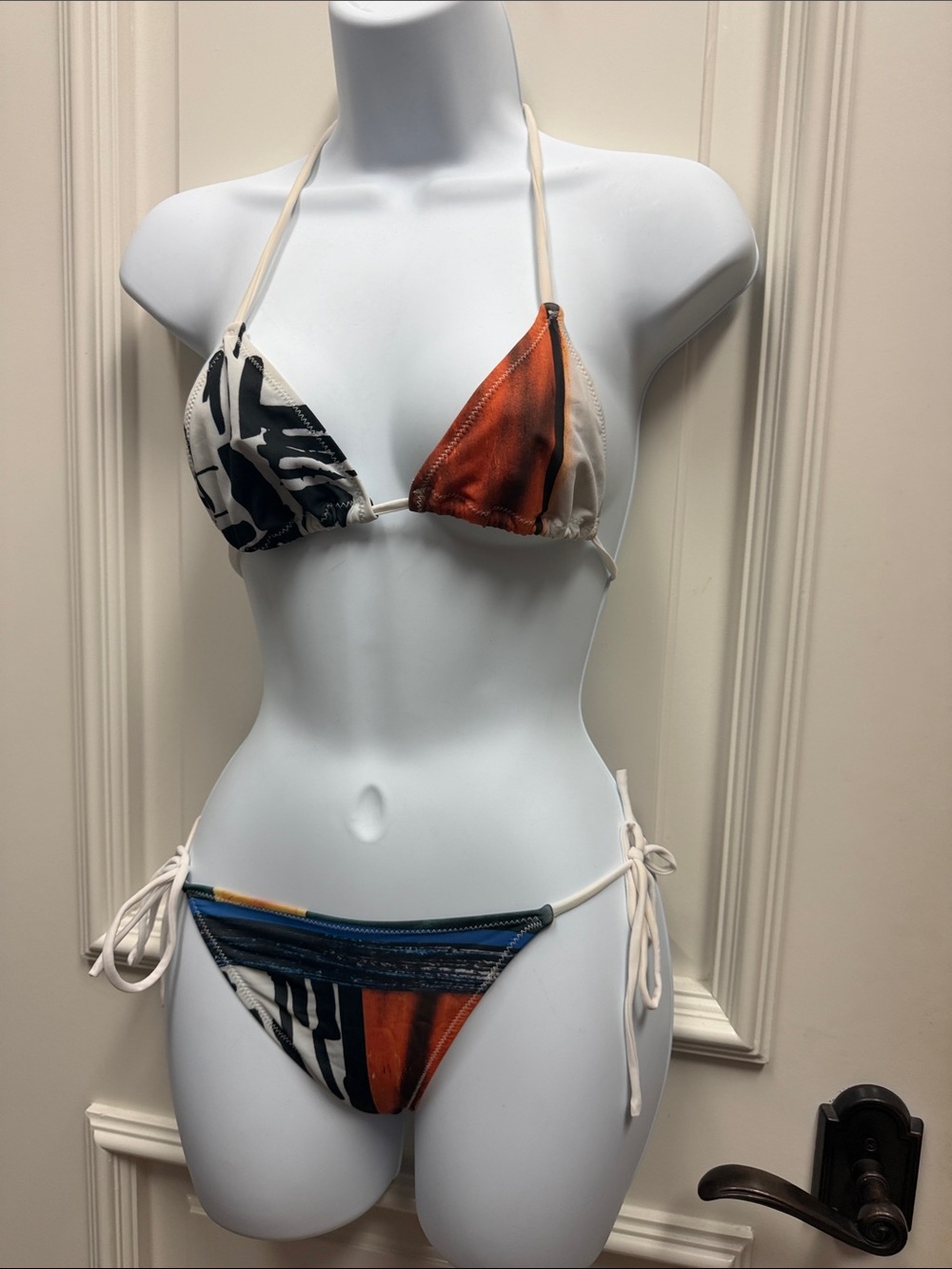 clover canyon bikini swimsuit string tie mismatched print pattern white
